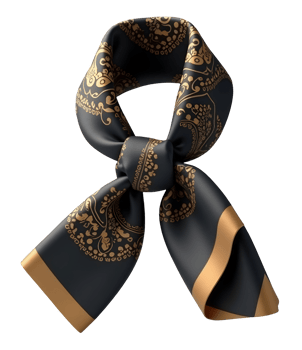 Elegant black silk scarf with beautiful golden paisley pattern and luxurious trim png