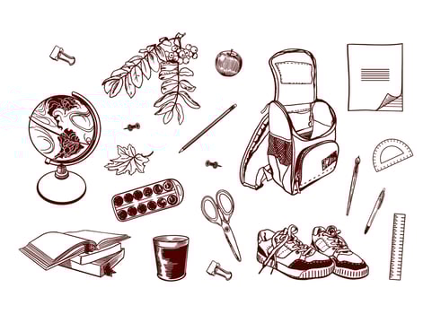 School set with backpack, globe, notebook, paints, pen, rulers, brush, scissors, books, sneakers. Hand drawn clip art of stationery for banners for Back to School and Teachers Day. vector