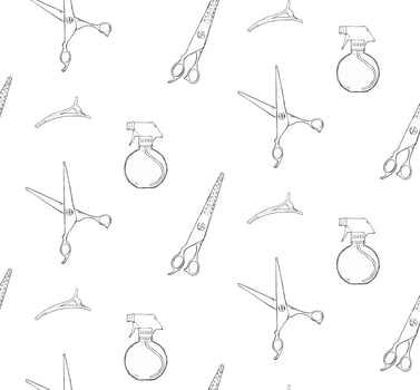 Hair salon and beauty scissors, spray bottle, hair clips Hair Salon seamless pattern. graphic line ink illustration. Banner, poster, wrapping paper, sticker, print, modern textile design. vector