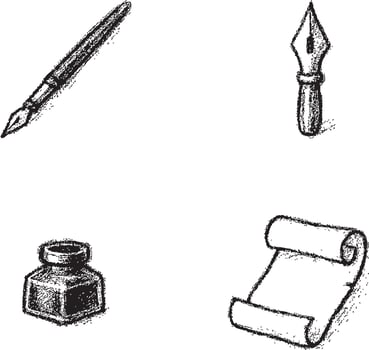 Black and white drawing of ink bottle, scroll, and dip pen vector