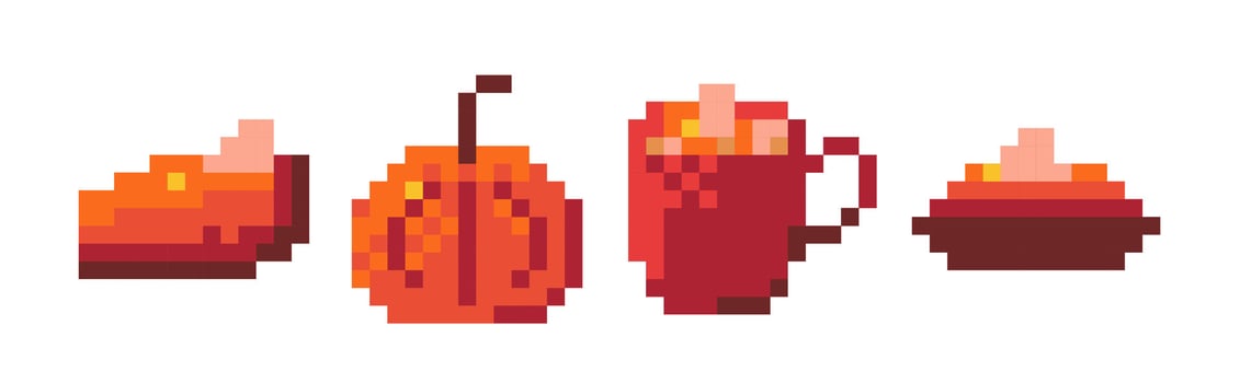 Pumpkin coffee pixel art icon. Red drink cup for 8bit arcade game. Halloween morning latte for breakfast or bar menu. Autumn retro sub badge for streaming chat in october season. Mosaic logo design. vector