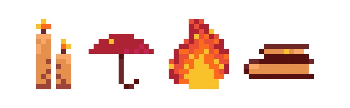 8bit fire pixel art for arcade game. Candle, book and umbrella mosaic element bit set for autumn badge design and decoration. Digital computer sign for comic illustration. vector