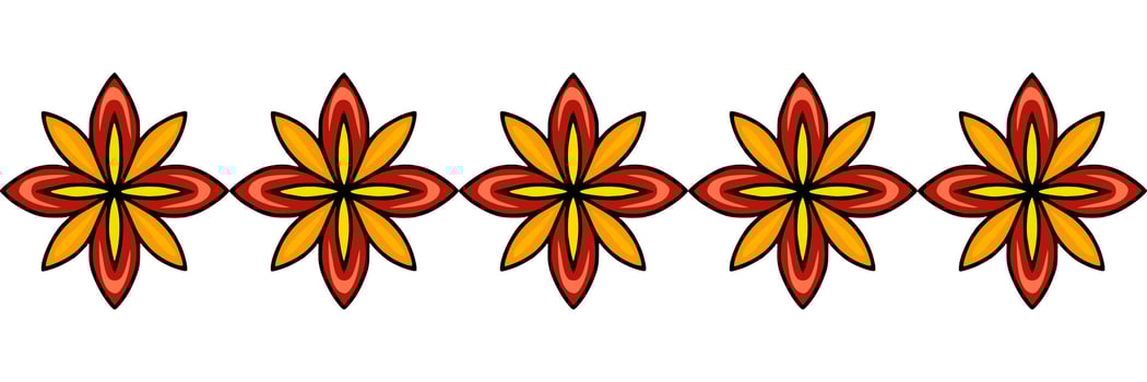 Seamless border design featuring a repeating pattern of stylized orange and red flowers with a bold black outline, perfect for adding a vibrant, ethnic touch to various design projects. vector