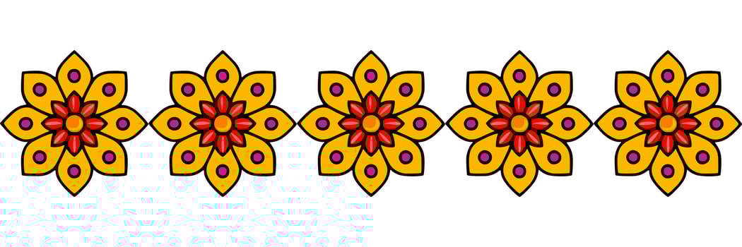 Seamless border design featuring a repeating pattern of stylized orange and red flowers with purple accents, perfect for textile prints, web design, and decorative elements. vector
