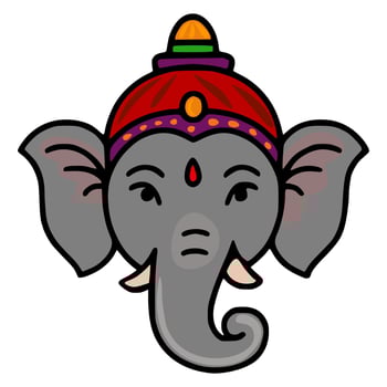 illustration of Ganeshas head, a Hindu deity, adorned with a vibrant red and purple headdress, featuring a stylized design with bold outlines and flat colors, perfect for festive or religio... vector