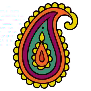 Vibrant Paisley Design A HandDrawn Style Illustration with Bold Orange, Purple, and Yellow Hues. vector