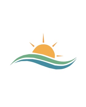 Minimalist logo of a rising sun over stylized ocean waves in green and blue tones. Perfect for travel, beach resorts, summer events, and nature-inspired branding vector