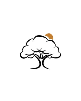 Minimalist tree logo with flowing black lines forming a broad canopy and sturdy trunk, accompanied by a small golden sun, symbolizing nature and vitality vector