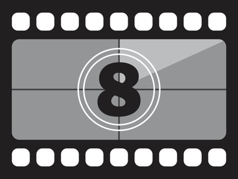 A vintage film strip with a countdown number 8 in a circle. vector