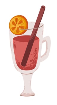 Hot autumn and Christmas mulled wine drink with cinnamon and spice. Glass with coctail for fall weather vector
