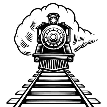 Vintage steam locomotive on railway tracks classic retro train illustration with bold black lines and smoke, transportation concept vector