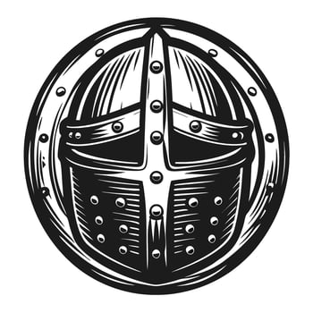 medieval knight helmet and round shield emblem vintage armor illustration, warrior protective gear, historical battle icon vector