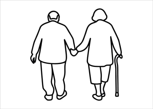 Elegant single line art illustration depicting a cherished senior couple in a tender embrace conveying enduring affection and companionship vector