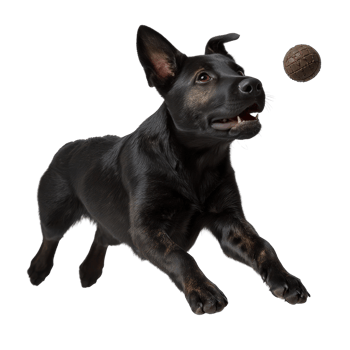 Energetic Black Dog Catching Ball in Mid Air During Playtime in Outdoor Setting png