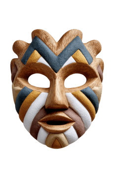 Intricately Carved African Wooden Mask with Colorful Patterns and Traditional Symbolism png