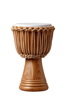 Traditional Wooden Drum with White Leather Top and Decorative Rope Design for Music Enthusiasts png