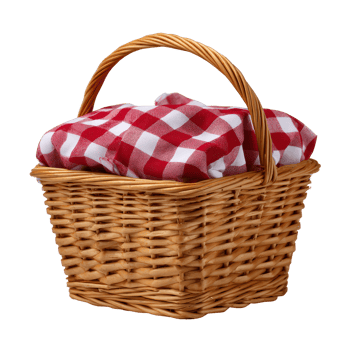 Woven picnic basket with red and white checkered cloth inside for outdoor gatherings and food storage png