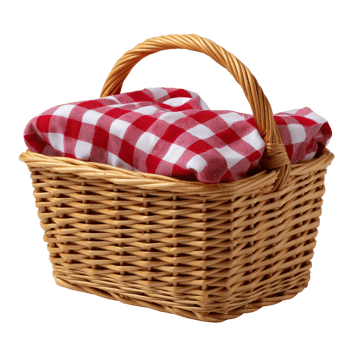 Rustic wicker picnic basket with red and white checkered cloth for outdoor dining and gatherings png