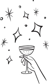 Cheers Celebration Hand Holding Champagne Glass with Sparkling Stars vector