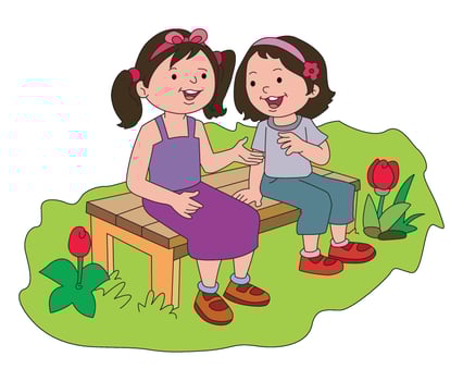 Two girls sitting and talking in the park vector