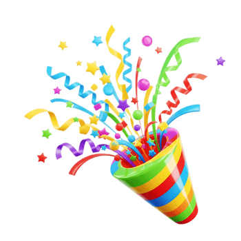 Colorful party popper exploding with confetti and streamers isolated on transparent bg png