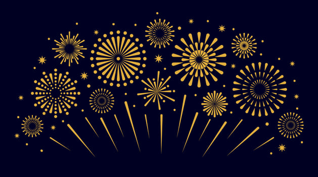 Gold festive fireworks. Holiday pyrotechnics explosion. Celebration festival golden fireworks, glitter, stars on dark background for birthday, anniversary party. concept vector