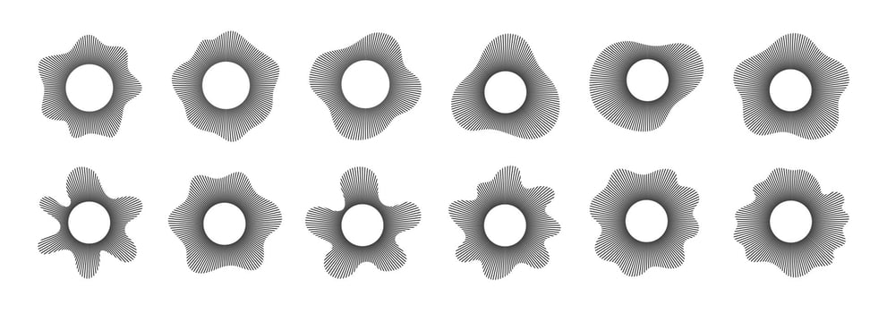 Sound waves. Abstract music equalizer. Circular lines dynamic audio visual elements. Wavy thin ray bars, volume, waveform icons. Geometric radial spectrum bursts. set vector