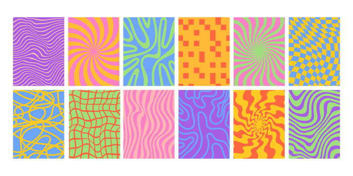 Retro abstract vertical backgrounds. Vintage groovy poster. Trendy hippie 60s, 70s cards with wavy, checkered texture, bold stripes, lines waves, geometric shapes. collection vector