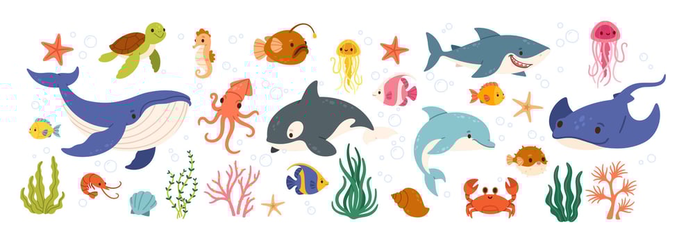 Colorful sea creatures including whales and sharks vector