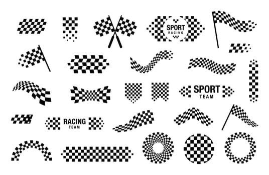 Racing flag. Start or finish checker. Black and white checkered banner of speed, victory, motorsports. Waving flags with motion. Racing events, automotive, car tuning. set vector