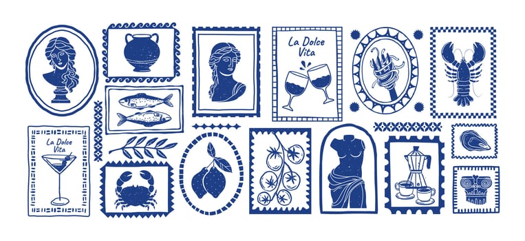 Italian sticker. Hand drawn Dolce Vita posters. Mediterranean culture, food. Vintage sculpture on print stamp. Doodle Italy vacation decorative elements in card frame. set vector