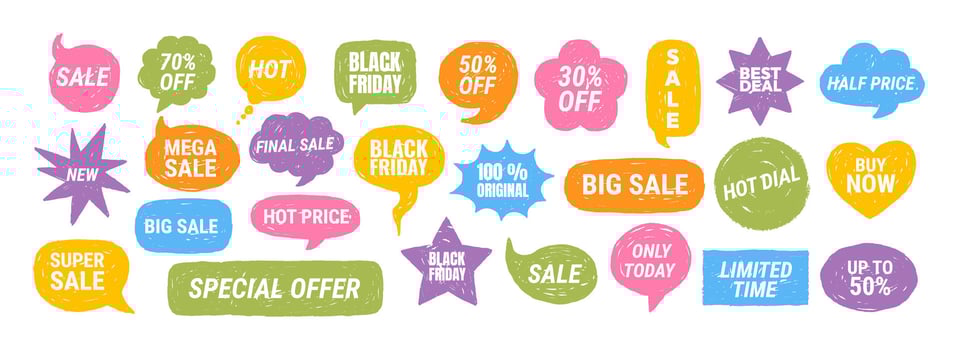 Sale badge. Grunge Black Friday stickers. Color paints elements, textured price tag, grunge strokes label, round sale speech bubble, price stamp and special offers. set vector