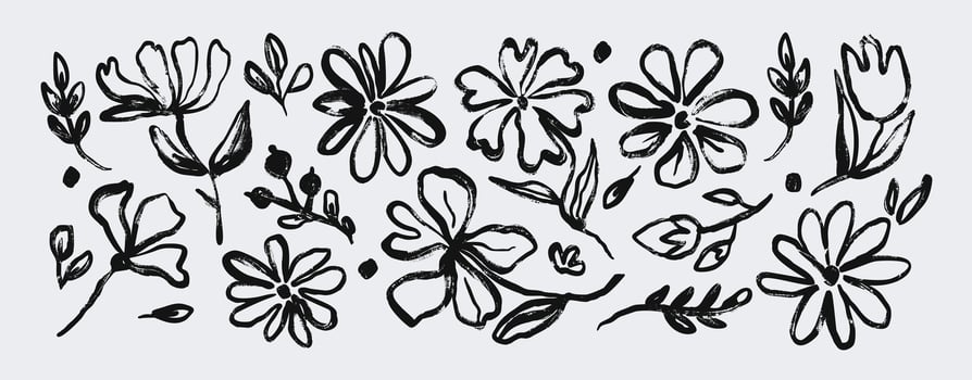 Ink flower. Black brush floral silhouette. Hand drawn grunge textured natural shapes. Sketch painted spring flower, leaves, branches, leaf, blossom, plant. botanical set vector