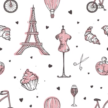 Hand drawn seamless pattern with Paris and France symbols - french perfume, bicycle, croissant, Eiffel Tower, mannequin, air balloon on white background. illustration for wrapping paper. vector