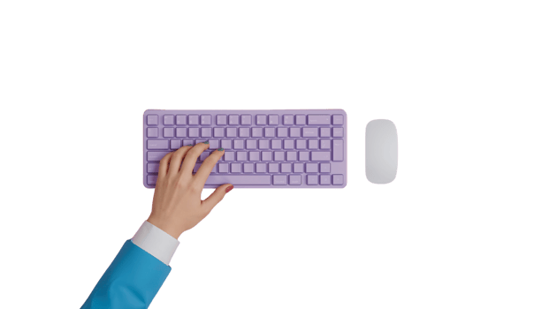 Minimalist workspace setup featuring a lilac keyboard and mouse on a transparent backdrop png