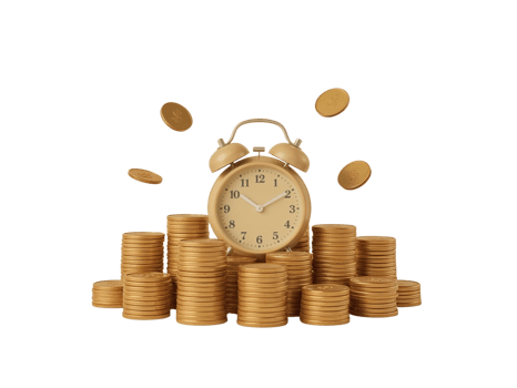 Time is money concept with gold coins around alarm clock against transparent atmosphere idea png