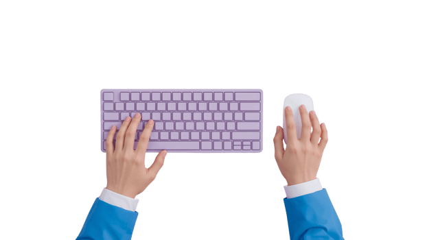 Hands using a wireless keyboard and mouse against a simple isolated transparent backdrop png