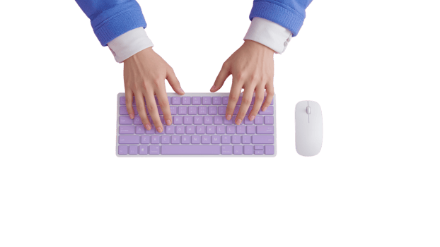 Typing on lilac keyboard, isolated hands and mouse, ergonomic workspace concept on a transparent png