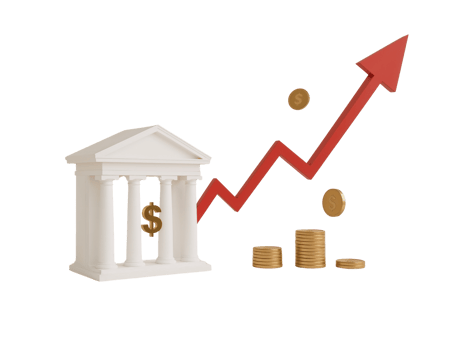Financial growth and stability represented through a bank structure alongside a rising red arrow png