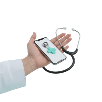 Digital healthcare concept with smartphone, stethoscope, and medical cross floating in isolated png