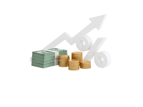 Visual Representation of Rising Financial Growth with Currency and Increasing Percentage Icon png