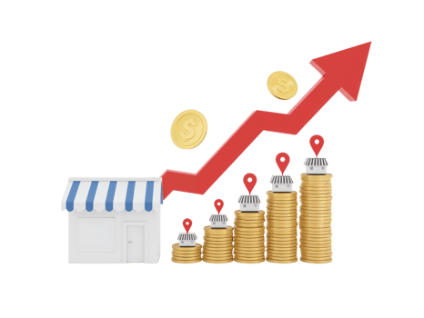 Storefront growth depiction with red directional arrow indicating financial advancement on a png