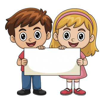 Cartoon boy and girl holding blank sign isolated on transparent background png