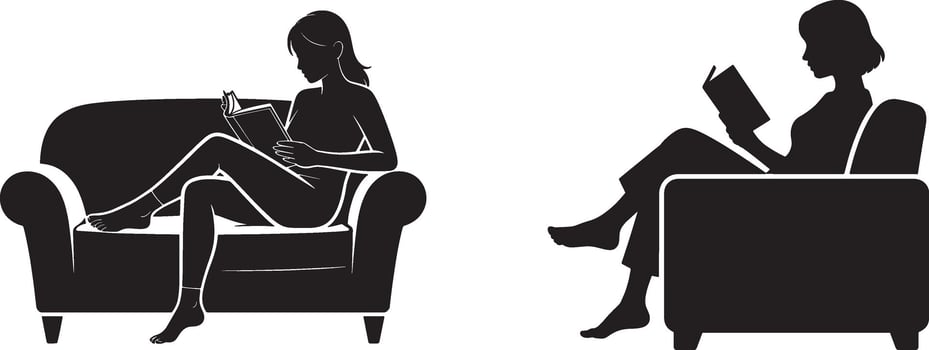 woman reading book in an armchair silhouette vector