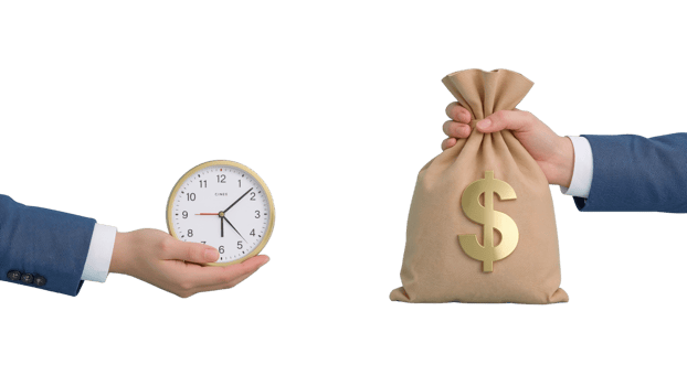 Time is money concept showing a hand holding a clock and another a money bag on an isolated png