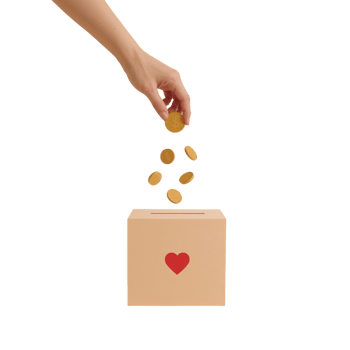 Hand gently placing golden coins into a box adorned with a simple heart symbol with transparent png
