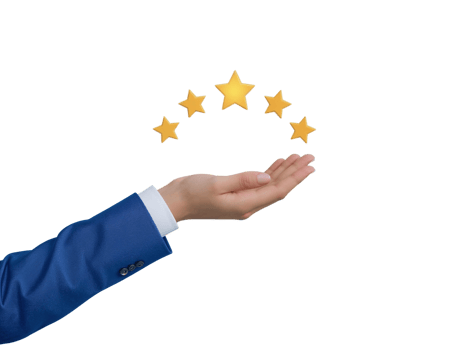 Hand displaying five golden stars symbolizing high quality service with transparent backdrop png