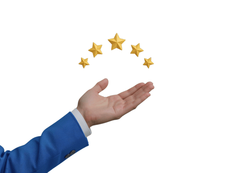 Conceptual representation of excellent service with five stars floating above an outstretched hand png