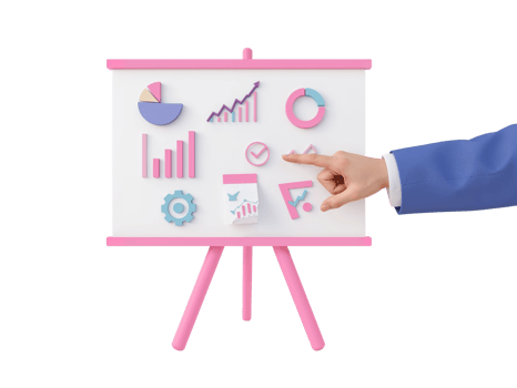 Stylized presentation board featuring financial charts, graphs, and hand reaching out on a png