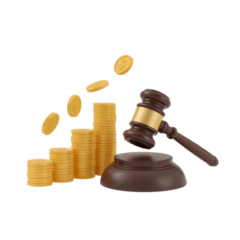 Financial justice concept with gavel and stacks of golden coins in a transparent setting png